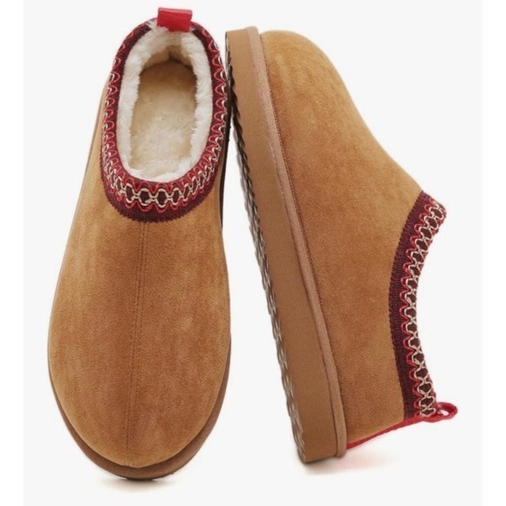NEW Chestnut Platform Talisman Faux‎ Fur Lined Embroidered Size 10 Red Trim
